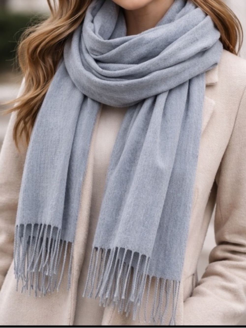 Sky Cashmere Gray Wool Scarf. 25”x68”. Neutral | Cozy | Fringed | Warm. EUC